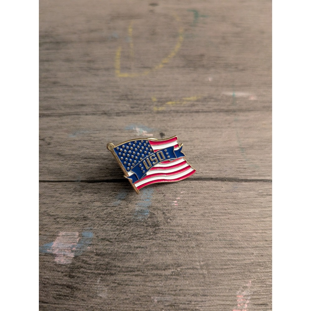 USO American Flag Lapel Pin Patriotic Red White Blue Enamel Gold Collectible